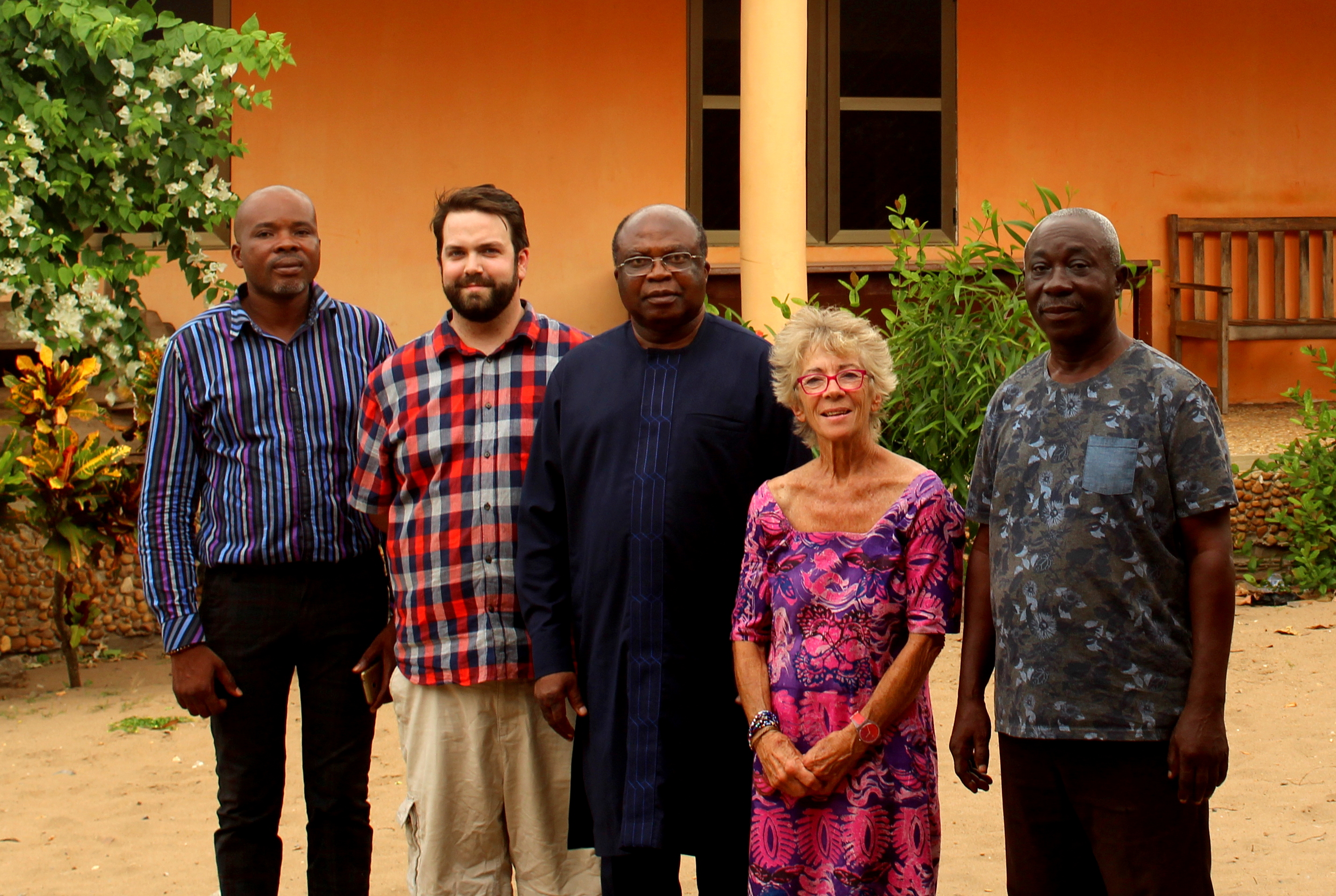 Parliamentary Assistant to local MP Kofi Humado; David Carter of RESCo Solar; local MP Kofi Humado; Peta Hall; Stanley Yeboah, AVTI Manager Parliamentary Assistant to local MP Kofi Humado; David Carter of RESCo Solar; local MP Kofi Humado; Peta Hall; Stanley Yeboah, AVTI Manager