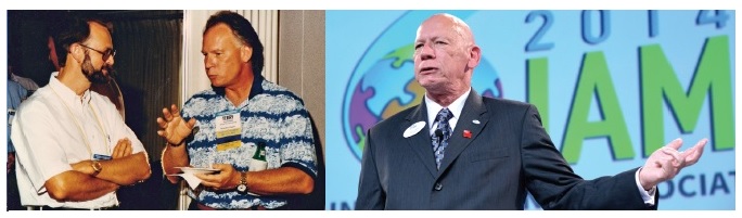 Terry representing Victory Van International at the 1995 HHGFAA Annual Meeting in Hawaii (left); Terry addressing the 2014 IAM Conference in Orlando (right).