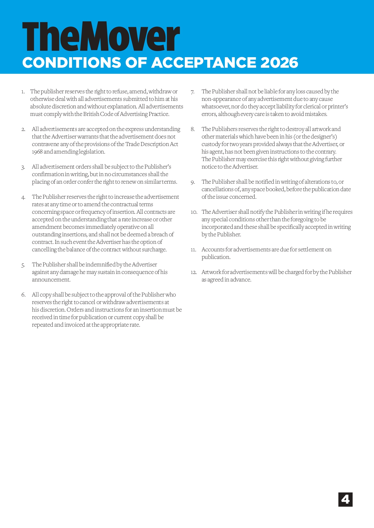 The Mover Rate Card Conditions of Acceptance 2026