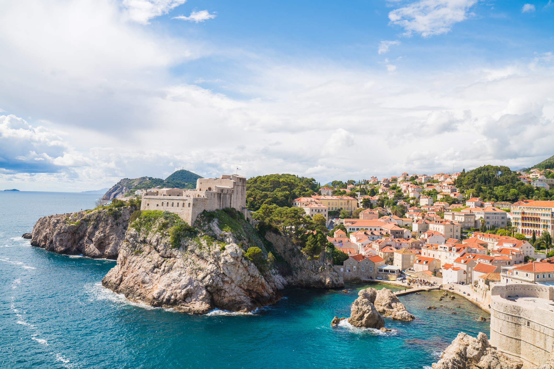 Dubrovnik’s old city walls from the south, with the fortresses of Lovrijenac (left) and Bokar (right)