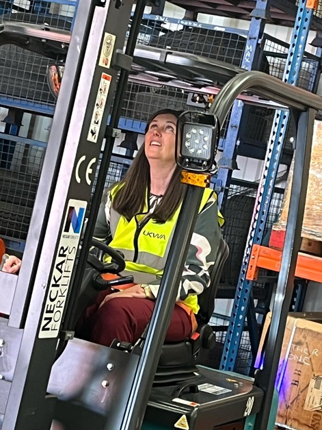 UKWA CEO Clare Bottle tries out her forklift driving skills