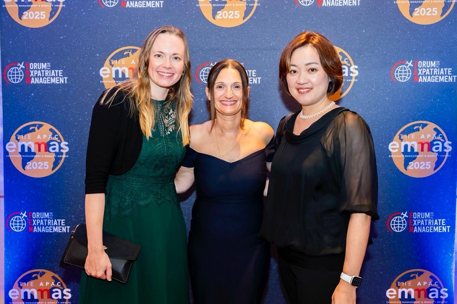 Lucie Nazir, co-founder and managing director of RelocateU (L), with Susan Farrell, director of strategic operations (C)at the FEM Awards