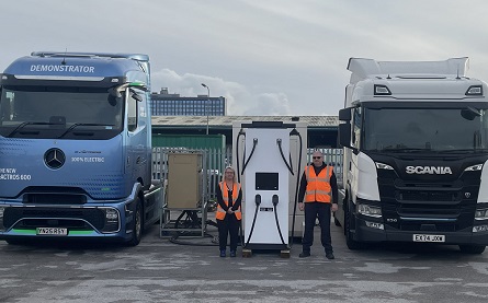 Project Jolt - Samantha Michaels and Simon Ashton of Jacksons Bakery with the Mercedes and Scania trial trucks
